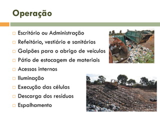 Operação











Escritório ou Administração
Refeitório, vestiário e sanitários
Galpões para o abrigo de veículos
Pátio de estocagem de materiais
Acessos internos
Iluminação
Execução das células
Descarga dos resíduos
Espalhamento

 