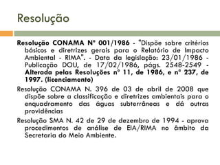 Resolução
Resolução CONAMA Nº 001/1986 - "Dispõe sobre critérios
básicos e diretrizes gerais para o Relatório de Impacto
Ambiental - RIMA". - Data da legislação: 23/01/1986 Publicação DOU, de 17/02/1986, págs. 2548-2549 Alterada pelas Resoluções nº 11, de 1986, e nº 237, de
1997. (licenciamento)
Resolução CONAMA N. 396 de 03 de abril de 2008 que
dispõe sobre a classificação e diretrizes ambientais para o
enquadramento das águas subterrâneas e dá outras
providências
Resolução SMA N. 42 de 29 de dezembro de 1994 - aprova
procedimentos de análise de EIA/RIMA no âmbito da
Secretaria do Meio Ambiente.

 