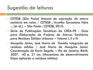 Sugestão de leituras






CETESB (São Paulo) Manual de operação de aterro
sanitário em valas / CETESB ; Aruntho Savastano Neto
... [et al.]. – São Paulo : CETESB, 2010.
Série de Publicações Temáticas do CREA-PR - Guia
para Elaboração de Projetos de Aterros Sanitários
para Resíduos Sólidos Urbanos – Volume I, II e III
Mesquita Júnior, José Maria de Gestão integrada de
resíduos sólidos / José Maria de Mesquita Júnior.
Coordenação de Karin Segala. – Rio de Janeiro: IBAM,
2007. 40 p. 21 cm. (Mecanismo de desenvolvimento
limpo aplicado a resíduos sólidos)

 