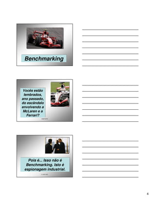 Benchmarking




 Vocês estão
Vocês estão
 lembrados,
 lembrados,
ano passado,
ano passado,
do escândalo
do escândalo
envolvendo a
envolvendo a
 McLaren e a
 McLaren e a
   Ferrari?
   Ferrari?
          angelo peres




   Pois é... Isso não é
   Pois é... Isso não é
  Benchmarking. Isto é
  Benchmarking. Isto é
 espionagem industrial.
 espionagem industrial.
          21 2579 1627




                          4
 