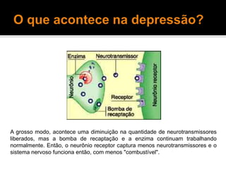 O que acontece na depressão?A grosso modo, acontece uma diminuição na quantidade de neurotransmissores liberados, mas a bomba de recaptação e a enzima continuam trabalhando normalmente. Então, o neurônio receptor captura menos neurotransmissores e o sistema nervoso funciona então, com menos "combustível".