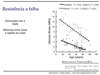 Resistência a falha Diminuição com a idade Diferença entre ossos e regiões do corpo 