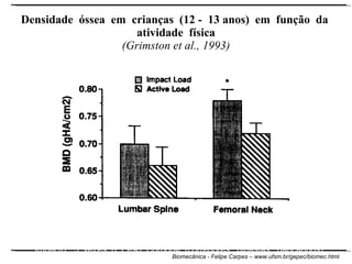 Densidade  óssea  em  crianças  (12 -  13 anos)  em  função  da  atividade  física (Grimston et al., 1993) Carga ativa:  Contração muscular (natação) “ Impacto”:  3  vezes  o  Peso  Corporal  (corredores,  ginastas,  dançarinos) 