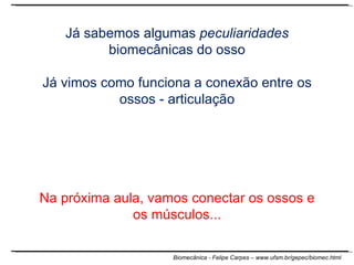 Já sabemos algumas  peculiaridades  biomecânicas do osso Já vimos como funciona a conexão entre os ossos - articulação Na próxima aula, vamos conectar os ossos e os músculos... 