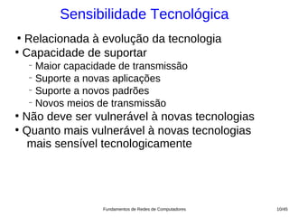 Sensibilidade Tecnológica
●
  Relacionada à evolução da tecnologia
●
  Capacidade de suportar
    −
      Maior capacidade de transmissão
    −
      Suporte a novas aplicações
    −
      Suporte a novos padrões
    −
      Novos meios de transmissão
●
  Não deve ser vulnerável à novas tecnologias
●
  Quanto mais vulnerável à novas tecnologias
   mais sensível tecnologicamente




                   Fundamentos de Redes de Computadores   10/45
 