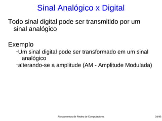 Sinal Analógico x Digital
Todo sinal digital pode ser transmitido por um
 sinal analógico

Exemplo
  −
   Um sinal digital pode ser transformado em um sinal
    analógico
  −
   alterando-se a amplitude (AM - Amplitude Modulada)




                 Fundamentos de Redes de Computadores   34/45
 