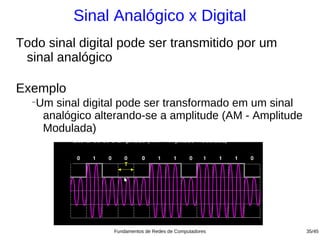 Sinal Analógico x Digital
Todo sinal digital pode ser transmitido por um
 sinal analógico

Exemplo
  −
   Um sinal digital pode ser transformado em um sinal
    analógico alterando-se a amplitude (AM - Amplitude
    Modulada)




                 Fundamentos de Redes de Computadores    35/45
 