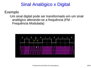 Sinal Analógico x Digital
Exemplo
  Um sinal digital pode ser transformado em um sinal
  −


   analógico alterando-se a frequência (FM -
   Frequência Modulada)




                 Fundamentos de Redes de Computadores   36/45
 