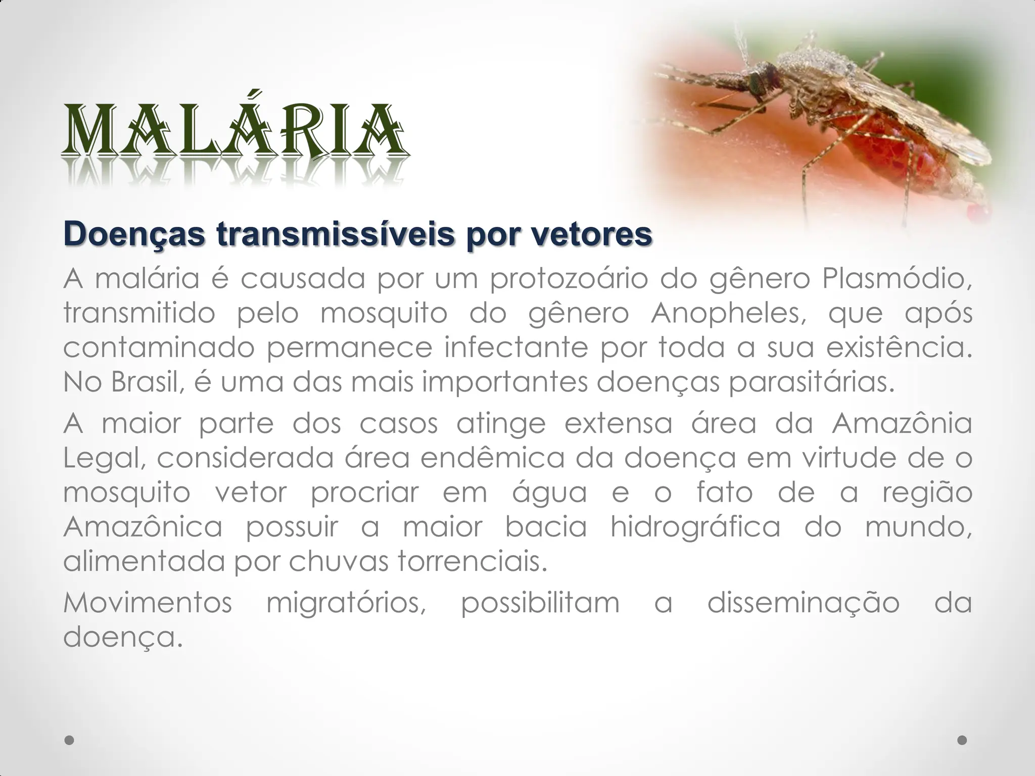Doenças transmissíveis por vetores
A malária é causada por um protozoário do gênero Plasmódio,
transmitido pelo mosquito do gênero Anopheles, que após
contaminado permanece infectante por toda a sua existência.
No Brasil, é uma das mais importantes doenças parasitárias.
A maior parte dos casos atinge extensa área da Amazônia
Legal, considerada área endêmica da doença em virtude de o
mosquito vetor procriar em água e o fato de a região
Amazônica possuir a maior bacia hidrográfica do mundo,
alimentada por chuvas torrenciais.
Movimentos migratórios, possibilitam a disseminação da
doença.
 