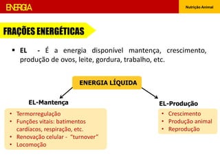 ENERGIA Nutrição Animal
FRAÇÕES ENERGÉTICAS
ENERGIA LÍQUIDA
EL-Mantença EL-Produção
• Termorregulação
• Funções vitais: batimentos
cardíacos, respiração, etc.
• Renovação celular - “turnover”
• Locomoção
• Crescimento
• Produção animal
• Reprodução
 EL - É a energia disponível mantença, crescimento,
produção de ovos, leite, gordura, trabalho, etc.
 