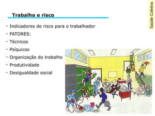 SaúdeColetiva
●
Indicadores de risco para o trabalhador
●
FATORES:
●
Técnicos
●
Psíquicos
●
Organização do trabalho
●
Produtividade
●
Desigualdade social
Trabalho e risco
 