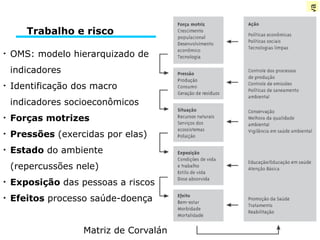 SaúdeColetiva
●
OMS: modelo hierarquizado de
indicadores
●
Identificação dos macro
indicadores socioeconômicos
●
Forças motrizes
●
Pressões (exercidas por elas)
●
Estado do ambiente
(repercussões nele)
●
Exposição das pessoas a riscos
●
Efeitos processo saúde-doença
Matriz de Corvalán
Trabalho e risco
 