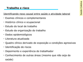 SaúdeColetiva
Identificando nexo causal entre saúde e atividade laboral
●
Exames clínicos e complementares
●
Histórico clínico e ocupacional
●
Estudo do local de trabalho
●
Estudo da organização do trabalho
●
Dados epidemiológicos
●
Literatura atualizada
●
Quadro clínico derivado de exposição a condições agressivas
●
Identificação de riscos
●
Depoimento e experiência do trabalhador
●
Conhecimento de outras áreas (mesmo que não seja da
saúde)
Trabalho e risco
 