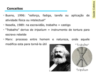 SaúdeColetiva
●
Bueno, 1996: “esforço, fadiga, tarefa ou aplicação de
atividade física ou intelectual”
●
Nosella, 1989: na escravidão, trabalho = castigo
●
“Trabalho” deriva de tripalium = instrumento de tortura para
escravo rebelde
●
Marx: processo entre homem e natureza, onde aquele
modifica esta para torná-la útil
Conceitos
 