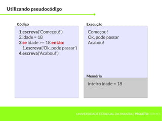 Utilizando pseudocódigo


    Código                             Execução

     1.escreva('Começou!')              Começou!
     2.idade = 18                       Ok, pode passar
     3.se idade >= 18 então:            Acabou!
       1.escreva('Ok, pode passar')
     4.escreva('Acabou!')




                                       Memória

                                        inteiro idade = 18




                                  UNIVERSIDADE ESTADUAL DA PARAÍBA | PROJETOHERMES
 