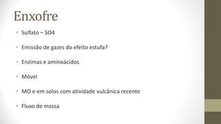 Enxofre
• Sulfato – SO4

• Emissão de gazes do efeito estufa?

• Enzimas e aminoácidos

• Móvel

• MO e em solos com atividade vulcânica recente

• Fluxo de massa
 