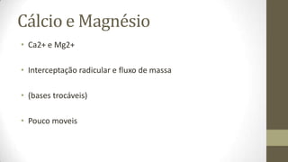 Cálcio e Magnésio
• Ca2+ e Mg2+

• Interceptação radicular e fluxo de massa

• (bases trocáveis)

• Pouco moveis
 