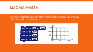 MÃO NA MASSA
 Liste as coordenadas do ator Rocket após a execução de cada
comando do script abaixo:
 