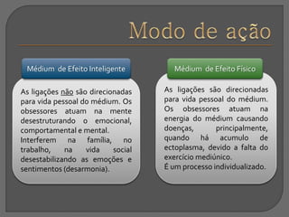 As ligações não são direcionadas
para vida pessoal do médium. Os
obsessores atuam na mente
desestruturando o emocional,
comportamental e mental.
Interferem na família, no
trabalho, na vida social
desestabilizando as emoções e
sentimentos (desarmonia).
As ligações são direcionadas
para vida pessoal do médium.
Os obsessores atuam na
energia do médium causando
doenças, principalmente,
quando há acumulo de
ectoplasma, devido a falta do
exercício mediúnico.
É um processo individualizado.
Médium de Efeito Inteligente Médium de Efeito Físico
 