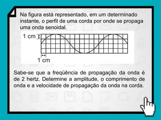 Na figura está representado, em um determinado
  instante, o perfil de uma corda por onde se propaga
  uma onda senoidal.




Sabe-se que a freqüência de propagação da onda é
de 2 hertz. Determine a amplitude, o comprimento de
onda e a velocidade de propagação da onda na corda.
 
