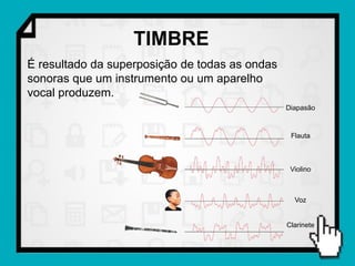 TIMBRE
É resultado da superposição de todas as ondas
sonoras que um instrumento ou um aparelho
vocal produzem.
                                                Diapasão



                                                 Flauta



                                                 Violino



                                                  Voz


                                                Clarinete
 
