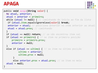 public void apaga(String valor) {
No atual, anterior;
atual = anterior = primeiro;
while (atual != null) { // caminhando do inicio ao fim da lista
if (atual.item.equalsIgnoreCase(valor)) break;
anterior = atual; // posiciona anterior no item anterior ao atual
atual = atual.prox; // caminhando
}
if (atual == null) return; // se não encontrou item sai
if (atual == primeiro) { // se item na primeira posição
primeiro = primeiro.prox;
anterior = null;
}
else if (atual == ultimo) { // se item na última posição
ultimo = anterior;
ultimo.prox = null;
}
else anterior.prox = atual.prox; // se item no meio
atual = null;
}
APAGA
 