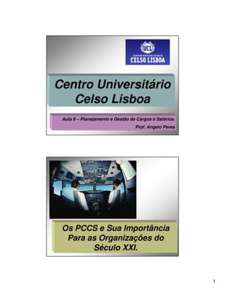 Centro Universitário
   Celso Lisboa
 Aula 9 – Planejamento e Gestão de Cargos e Salários.
                                  Prof. Angelo Peres




 Os PCCS e Sua Importância
  Para as Organizações do
        Século XXI.



                                                        1
 