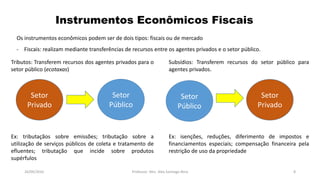 Subsídios: Transferem recursos do setor público para
agentes privados.
Ex: isenções, reduções, diferimento de impostos e
financiamentos especiais; compensação financeira pela
restrição de uso da propriedade
Tributos: Transferem recursos dos agentes privados para o
setor público (ecotaxas)
Ex: tributaçãos sobre emissões; tributação sobre a
utilização de serviços públicos de coleta e tratamento de
efluentes; tributação que incide sobre produtos
supérfulos
05/11/2016 Professor: Msc. Alex Santiago Nina 8
Os instrumentos econômicos podem ser de dois tipos: fiscais ou de mercado
- Fiscais: realizam mediante transferências de recursos entre os agentes privados e o setor público.
Instrumentos Econômicos Fiscais
Setor
Público
Setor
Privado
Setor
Público
Setor
Privado
 