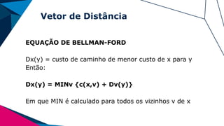 Vetor de Distância
EQUAÇÃO DE BELLMAN-FORD
Dx(y) = custo de caminho de menor custo de x para y
Então:
Dx(y) = MINv {c(x,v) + Dv(y)}
Em que MIN é calculado para todos os vizinhos v de x
 