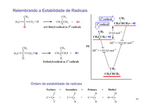 Relembrando a Estabilidade de Radicais




         Ordem de estabilidade de radicais
                  Tertiary     >   Secondary    >   Primary     >   Methyl
                        C                C               H               H
                   C   C       >    C   C       >   C   C       >   H   C
                                                                                11
                           C                H               H               H
 