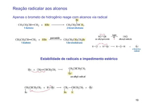 Reação radicalar aos alcenos

Apenas o brometo de hidrogênio reage com alcenos via radical




                 Estabilidade de radicais e impedimento estérico




                                                                   19
 