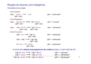 Reação de alcanos com halogênios
Variações de energia




     A soma das etapas propagadoras da cadeia produz o valor total de ∆H


                                                                           7
 