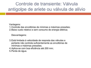 Controle de transiente: Válvula
antigolpe de aríete ou válvula de alívio
Vantagens:
1.Controle das envoltórias de mínimas e máximas pressões;
2.Baixo custo relativo e sem consumo de energia elétrica;
Desvantagens:
3.Está limitada à velocidade de resposta das válvulas e
portanto não controla suficientemente as envoltórias de
mínimas e máximas pressões;
4.Aplica-se com boa eficiência até 200 mm;
5.Perda de água.
 