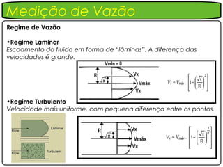 Medição de Vazão
Regime de Vazão

•Regime Laminar
Escoamento do fluido em forma de “lâminas”. A diferença das
velocidades é grande.




•Regime Turbulento
Velocidade mais uniforme, com pequena diferença entre os pontos.
 