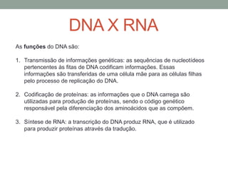 DNA X RNA
As funções do DNA são:
1. Transmissão de informações genéticas: as sequências de nucleotídeos
pertencentes às fitas de DNA codificam informações. Essas
informações são transferidas de uma célula mãe para as células filhas
pelo processo de replicação do DNA.
2. Codificação de proteínas: as informações que o DNA carrega são
utilizadas para produção de proteínas, sendo o código genético
responsável pela diferenciação dos aminoácidos que as compõem.
3. Síntese de RNA: a transcrição do DNA produz RNA, que é utilizado
para produzir proteínas através da tradução.
 