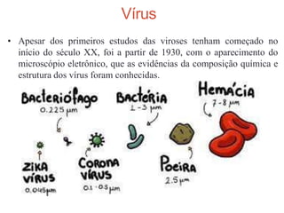 • Apesar dos primeiros estudos das viroses tenham começado no
início do século XX, foi a partir de 1930, com o aparecimento do
microscópio eletrônico, que as evidências da composição química e
estrutura dos vírus foram conhecidas.
Vírus
 