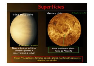 Superfícies
Superfícies
Vênus em luz visível
Vênus em rádio CR: Magellan, NASA, JPL
Nuvens de ácido sulfúrico
cobrem o planeta. A
superfície não é visível.
Maior planaltosde Vênus:
Terra de Afrodite
Vênus: Principalmente terrenos baixos e planos, mas também apresenta
planaltos e montanhas.
CR: NASA, Galileo, C. J. Hamilton
 