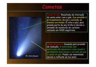 Cometas
Cometas
Cauda de gás: Resultado da interação
do vento solar com o gás. Sua emissão é
principalmente devida a emissão de
átomos excitados. É reta e azul, pois
grande parte de seu brilho é devido a
emissão de monóxido de carbono
ionizado em 4200 angstrons.
CR: John Gleason
Cauda de poeira: Causada pela pressão
de radiação. A velocidade das
partículas são menores e esta cauda é
geralmente mais larga e curvada do que
a cauda de gás. Possui cor amarelada
devido a reflexão da luz solar.
 