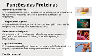 Funções das Proteínas
Reserva de Nutrientes
Proteínas como a albumina presente na clara do ovo atuam na reserva
de nutrientes, ajudando a manter o equilíbrio nutricional do
organismo.
Transporte de Oxigênio
Proteínas como a hemoglobina são responsáveis pelo transporte de
oxigênio dos pulmões para as células do corpo.
Defesa contra Patógenos
Os anticorpos são proteínas que defendem o organismo contra
patógenos, como vírus e bactérias, garantindo a proteção
imunológica.
Suporte Estrutural
Proteínas como o colágeno fornecem suporte e resistência a tecidos e
órgãos, contribuindo para a integridade estrutural do corpo.
Função Hormonal
 