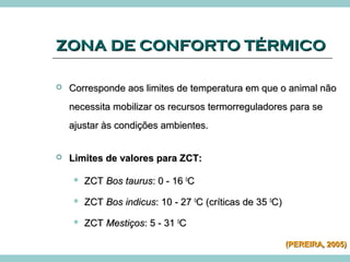 ZZOONNAA DDEE CCOONNFFOORRTTOO TTÉÉRRMMIICCOO 
 CCoorrrreessppoonnddee aaooss lliimmiitteess ddee tteemmppeerraattuurraa eemm qquuee oo aanniimmaall nnããoo 
nneecceessssiittaa mmoobbiilliizzaarr ooss rreeccuurrssooss tteerrmmoorrrreegguullaaddoorreess ppaarraa ssee 
aajjuussttaarr ààss ccoonnddiiççõõeess aammbbiieenntteess.. 
 LLiimmiitteess ddee vvaalloorreess ppaarraa ZZCCTT:: 
 ZZCCTT BBooss ttaauurruuss:: 00 -- 1166 00CC 
 ZZCCTT BBooss iinnddiiccuuss:: 1100 -- 2277 00CC ((ccrrííttiiccaass ddee 3355 00CC)) 
 ZZCCTT MMeessttiiççooss:: 55 -- 3311 00CC 
((PPEERREEIIRRAA,, 22000055) 
 