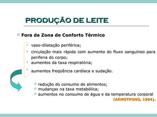 PPRROODDUUÇÇÃÃOO DDEE LLEEIITTEE 
 FFoorraa ddaa ZZoonnaa ddee CCoonnffoorrttoo TTéérrmmiiccoo 
 vvaassoo--ddiillaattaaççããoo ppeerriifféérriiccaa;; 
 cciirrccuullaaççããoo mmaaiiss rrááppiiddaa ccoomm aauummeennttoo ddoo fflluuxxoo ssaanngguuíínneeoo ppaarraa 
ppeerriiffeerriiaa ddoo ccoorrppoo;; 
 aauummeennttooss ddaa ttaaxxaa rreessppiirraattóórriiaa;; 
 aauummeennttooss ffrreeqqüüêênncciiaa ccaarrddííaaccaa ee ssuuddaaççããoo.. 
 rreedduuççããoo ddoo ccoonnssuummoo ddee aalliimmeennttooss;; 
 mmuuddaannççaass nnaa ttaaxxaa mmeettaabbóólliiccaa;; 
 aauummeennttooss nnoo ccoonnssuummoo ddee áágguuaa ee ddaa tteemmppeerraattuurraa ccoorrppoorraall 
((AARRMMSSTTRROONNGG,, 11999944)).. 
 
