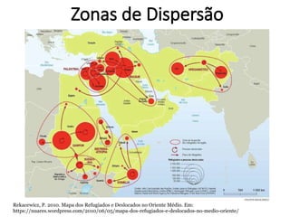 Rekacewicz, P. 2010. Mapa dos Refugiados e Deslocados no Oriente Médio. Em:
https://nuares.wordpress.com/2010/06/05/mapa-dos-refugiados-e-deslocados-no-medio-oriente/
Zonas de Dispersão
 