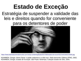 Estado de Exceção
Estratégia de suspender a validade das
leis e direitos quando for conveniente
para os detentores de poder
AGAMBEN, Giorgio. Homo Sacer: o poder soberano e a vida nua I. Belo Horizonte: Editora UFMG, 2002,
AGAMBEN, Giorgio. Estado de Exceção. São Paulo: Boitempo, Coleção Estado de Sítio, 2004,
https://www.diariodocentrodomundo.com.br/wp-content/uploads/2017/06/estado-de-excec%CC%A7a%CC%83o.jpg
 