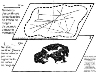 Conflitos
territoriais
em redes
sobre
zonas
SOUZA, Marcelo José
Lopes de. O território:
sobre espaço e poder.
Autonomia e
desenvolvimento. In
CASTRO, I. E. de;
GOMES, P. C. da C.;
CORRÊA, R. L.
(Orgs.). Geografia:
conceitos e temas. Rio
de Janeiro: Bertrand
Brasil, 2001, p.77- 116.
Territórios
descontínuos
(organizações
do tráfico de
drogas
disputando
o mesmo
mercado)
Território
contínuo (favela
territorializada
por uma
organização
do tráfico
de drogas)
Área de influência (mercado consumidor em disputa)
 