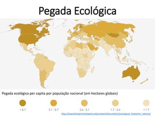Pegada Ecológica
http://www.footprintnetwork.org/content/documents/ecological_footprint_nations/
Pegada ecológica per capita por população nacional (em hectares globais)
 
