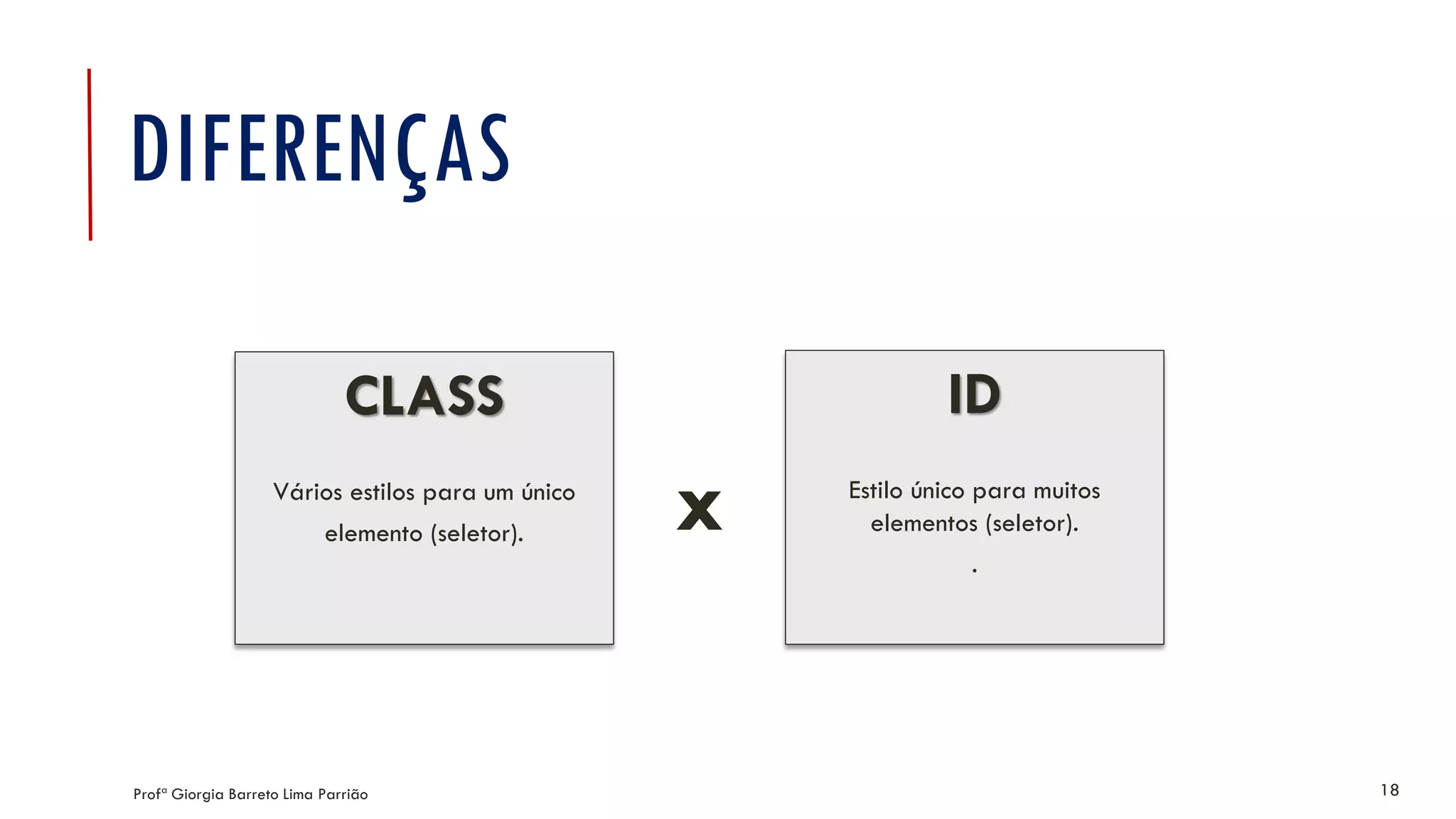 DIFERENÇAS
Profª Giorgia Barreto Lima Parrião 18
CLASS
Vários estilos para um único
elemento (seletor).
ID
Estilo único para muitos
elementos (seletor).
.
x
 