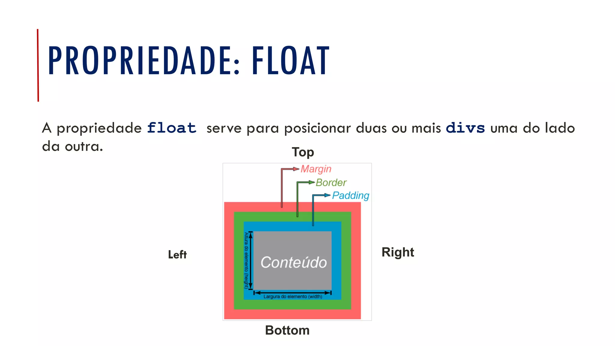 PROPRIEDADE: FLOAT
A propriedade float serve para posicionar duas ou mais divs uma do lado
da outra.
19
Top
Left Right
Bottom
 