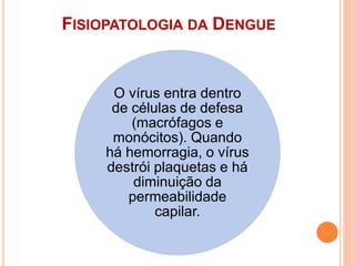 FISIOPATOLOGIA DA DENGUE
O vírus entra dentro
de células de defesa
(macrófagos e
monócitos). Quando
há hemorragia, o vírus
destrói plaquetas e há
diminuição da
permeabilidade
capilar.
 