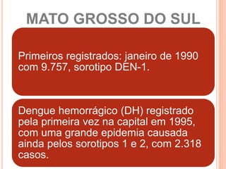 MATO GROSSO DO SUL
Primeiros registrados: janeiro de 1990
com 9.757, sorotipo DEN-1.
Dengue hemorrágico (DH) registrado
pela primeira vez na capital em 1995,
com uma grande epidemia causada
ainda pelos sorotipos 1 e 2, com 2.318
casos.
 