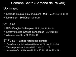 Semana Santa (Semana da Paixão)
Domingo:
 Entrada Triunfal em Jerusalém - Mt 21; Mc 11; Lc 19; Jo 12
 Dorme em Bethânia - Mc 11.11

2ª Feira
 II Purificação do templo - Mt 21; Mc 11; Lc 19;
 Entrevista dos Gregos com Jesus - Jo 12.20-36
 A figueira Infrutífera. Mt 21; Mc 11

3ª Feira – Controvérsias no Templo
 Desafiada a autoridade de Cristo - Mt 21.; Mc 11; Lc 20
 Três perguntas ardilosas - Mt 22; Mc 12; Lc 20;
 Jesus desafia os lideres – Mt 22 e 23; Mc 12; Lc 20 e 21;
 